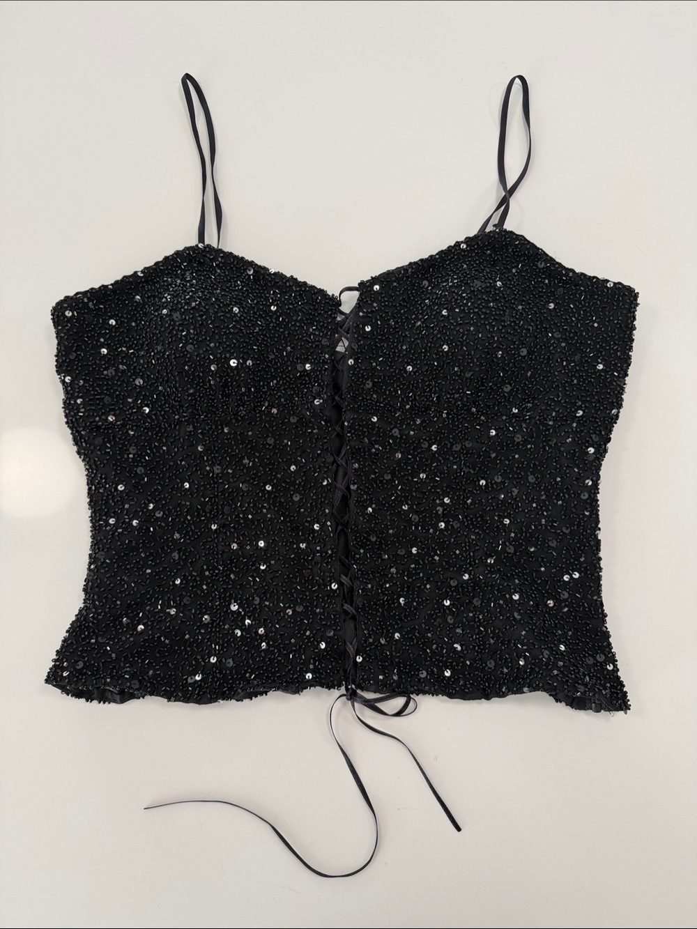 Vintage SCALA 100% Silk Hand Beaded Corset Cami Black Made in India Y2K